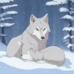 A heart-wrenching scene of a wolf mother lying lifeless, covered in snow, while her baby wolf cries and tries to wake her up