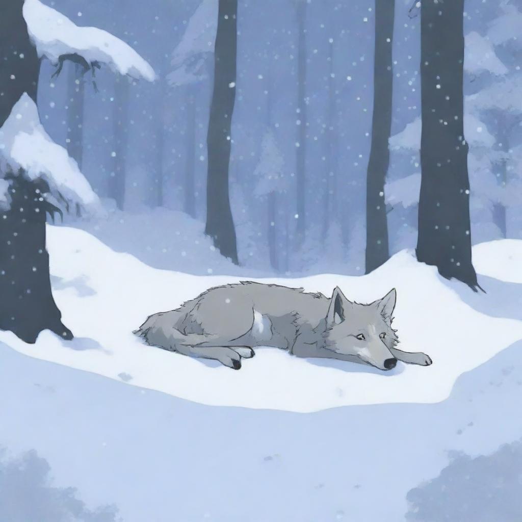 A poignant scene of a wolf mother lying lifeless, covered in snow, in a serene snowy forest