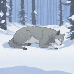 A poignant scene of a wolf mother lying lifeless, covered in snow, in a serene snowy forest