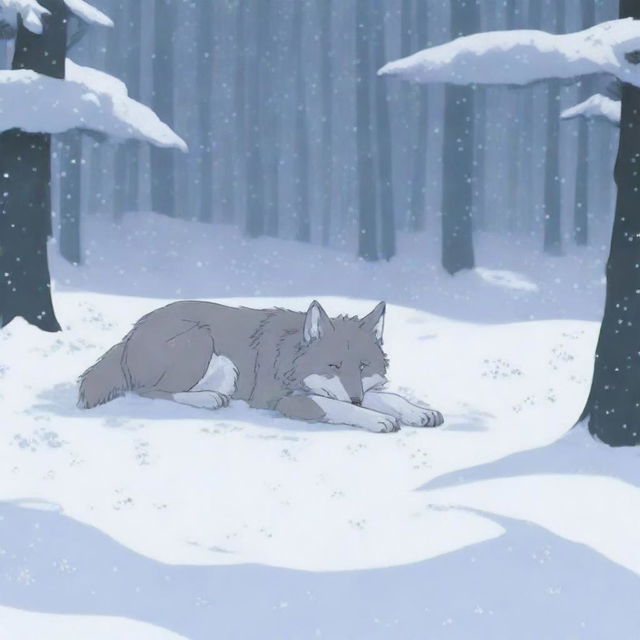 A poignant scene of a wolf mother lying lifeless, covered in snow, in a serene snowy forest