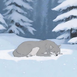 A poignant scene of a wolf mother lying lifeless, covered in snow, in a serene snowy forest