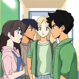 In a high school hallway, people are gossiping behind the three main characters