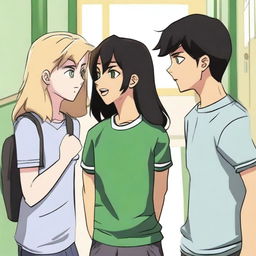 In a high school hallway, people are gossiping behind the three main characters