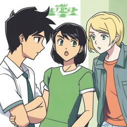 In a high school hallway, people are gossiping behind the three main characters