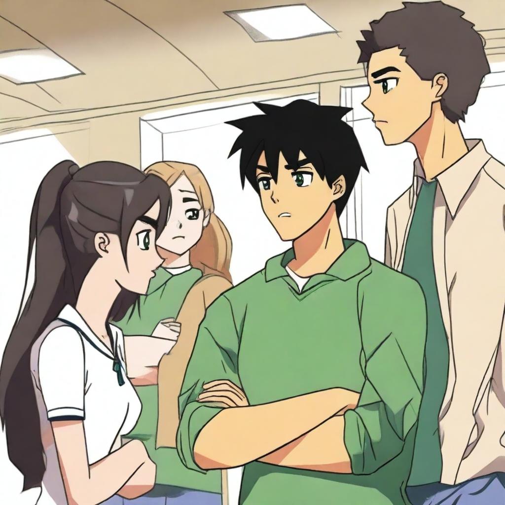 In a high school hallway, people are gossiping behind the three main characters