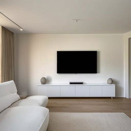 A lavish living room featuring a flat-screen TV mounted on a wall and a cozy white sofa.