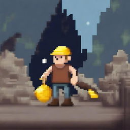 A pixel art representation of a miner holding a pickaxe in one hand and a golden bag in the other