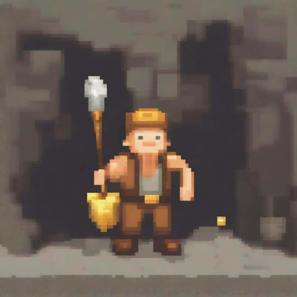 A pixel art representation of a miner holding a pickaxe in one hand and a golden bag in the other