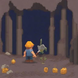 A pixel art representation of a miner holding a pickaxe in one hand and a golden bag in the other