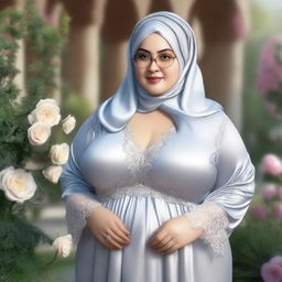 Create an ultra-realistic image of a beautiful, curvy, chubby lady wearing a hijab