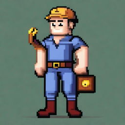 A pixel art depiction of a miner in 16-bit style, holding a pickaxe in one hand and a bag filled with gold slung over his shoulder