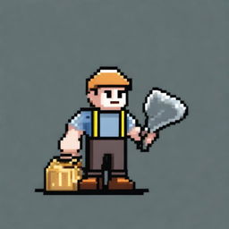 A pixel art depiction of a miner in 16-bit style, holding a pickaxe in one hand and a bag filled with gold slung over his shoulder