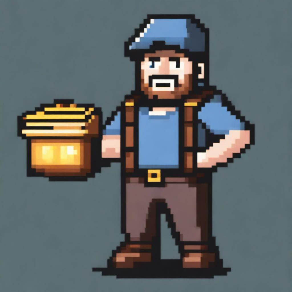 A pixel art depiction of a miner in 16-bit style, holding a pickaxe in one hand and a bag filled with gold slung over his shoulder