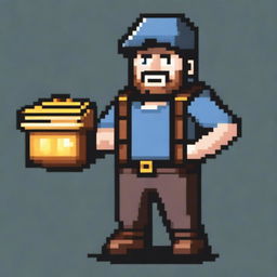 A pixel art depiction of a miner in 16-bit style, holding a pickaxe in one hand and a bag filled with gold slung over his shoulder