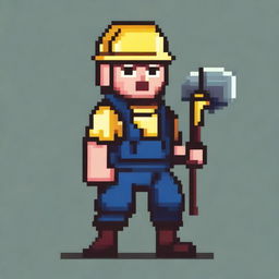 A pixel art depiction of a miner in 16-bit style, holding a pickaxe in one hand and a bag filled with gold slung over his shoulder