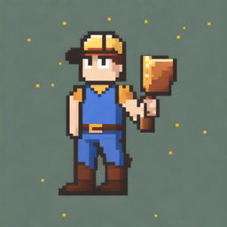 A pixel art depiction of a miner in 16-bit style, holding a pickaxe in his right hand and a bag filled with gold slung over his left shoulder