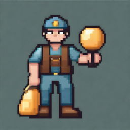 A pixel art depiction of a miner in 16-bit style, holding a pickaxe in his right hand and a bag filled with gold slung over his left shoulder