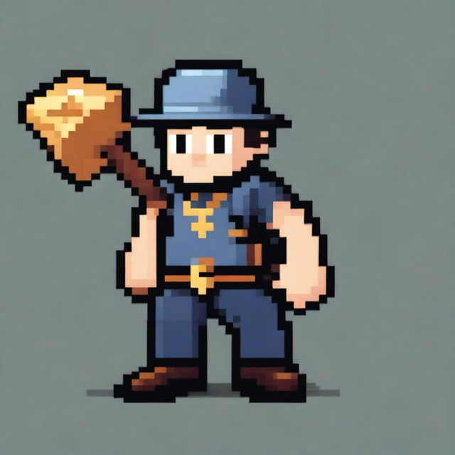 A pixel art depiction of a miner in 16-bit style, holding a pickaxe in his right hand and a bag filled with gold slung over his left shoulder