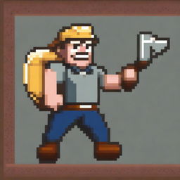 A pixel art depiction of a miner in 16-bit style, holding a pickaxe in his right hand and a bag filled with gold slung over his left shoulder