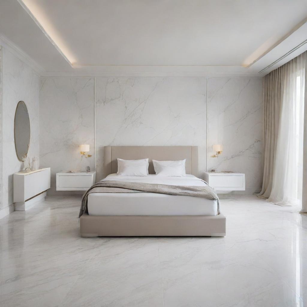 A parental bedroom featuring a large bed, walls painted in pure white, and a floor exquisitely designed with Lamborghini marble.