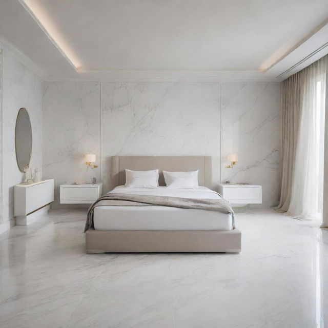 A parental bedroom featuring a large bed, walls painted in pure white, and a floor exquisitely designed with Lamborghini marble.