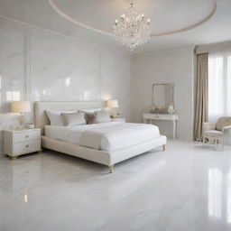 A parental bedroom featuring a large bed, walls painted in pure white, and a floor exquisitely designed with Lamborghini marble.