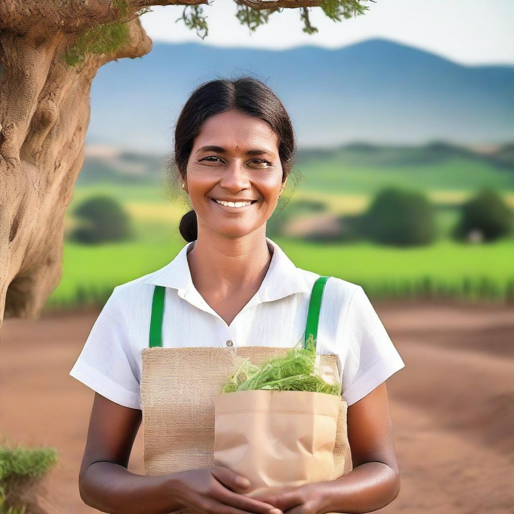 A rural woman entrepreneur standing proudly in front of her small business, with a serene countryside background