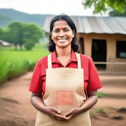 A rural woman entrepreneur standing proudly in front of her small business, with a serene countryside background