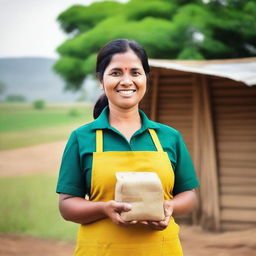 A rural woman entrepreneur standing proudly in front of her small business, with a serene countryside background