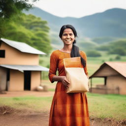 A rural woman entrepreneur standing proudly in front of her small business, with a serene countryside background