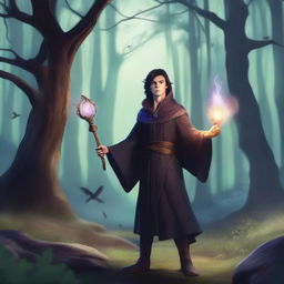 A young male wizard with dark hair, dressed in fantasy attire, standing in a mystical Dungeons and Dragons inspired world