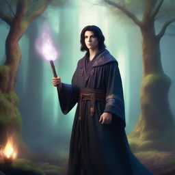 A young male wizard with dark hair, dressed in fantasy attire, standing in a mystical Dungeons and Dragons inspired world