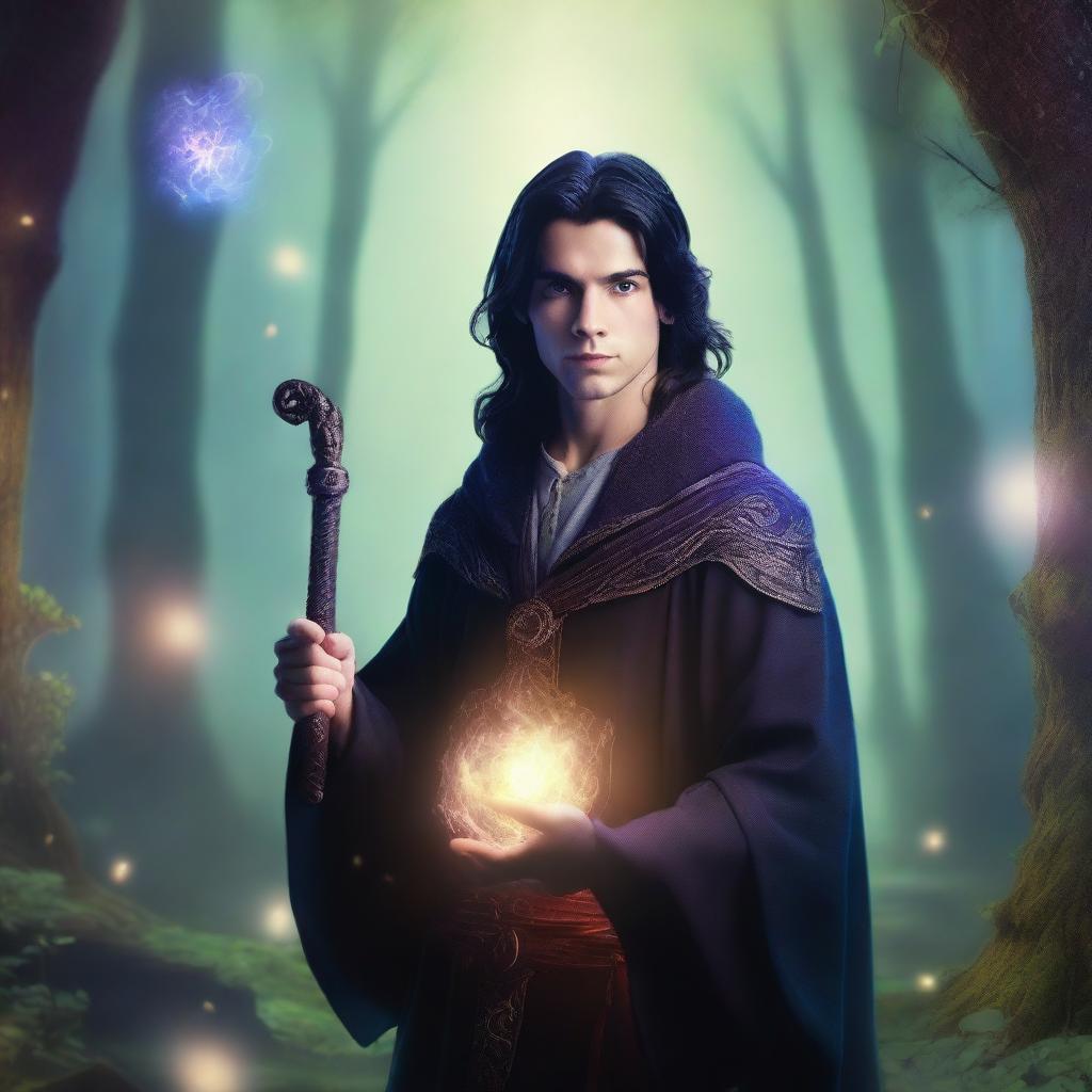 A young male wizard with dark hair, dressed in fantasy attire, standing in a mystical Dungeons and Dragons inspired world