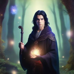 A young male wizard with dark hair, dressed in fantasy attire, standing in a mystical Dungeons and Dragons inspired world