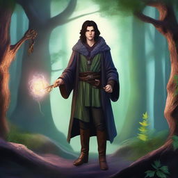 A young male wizard with dark hair, dressed in fantasy attire, standing in a mystical Dungeons and Dragons inspired world