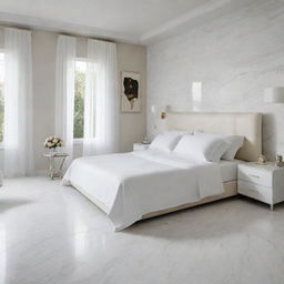 A parental bedroom featuring a large bed, walls painted in pure white, and a floor exquisitely designed with Lamborghini marble.