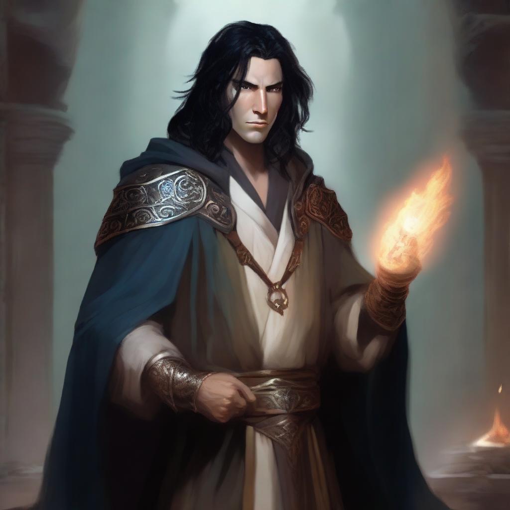 A male wizard with black hair and brown eyes holding a dagger in his hand