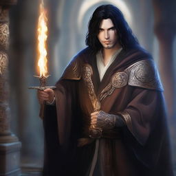 A male wizard with black hair and brown eyes holding a dagger in his hand