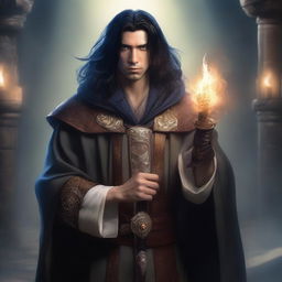 A male wizard with black hair and brown eyes holding a dagger in his hand