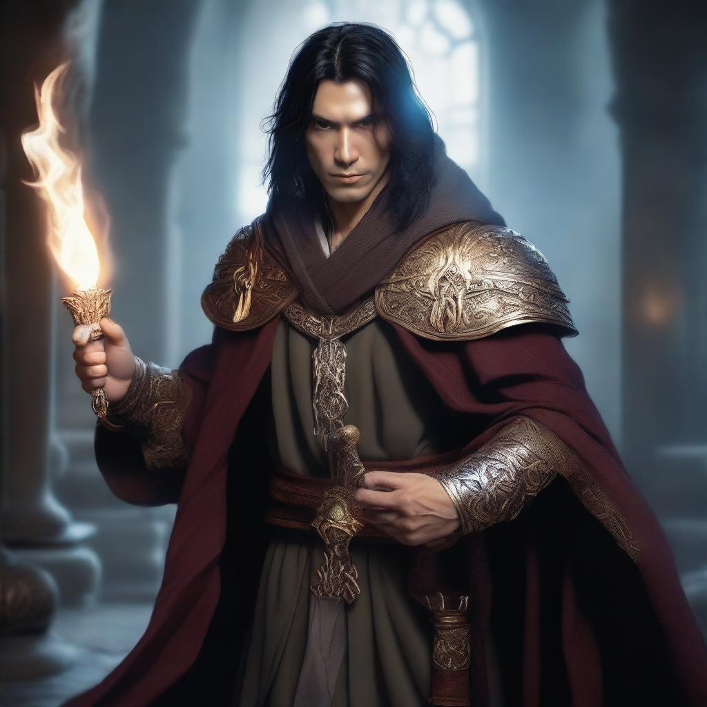 A male wizard with black hair and brown eyes holding a dagger in his hand