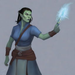 A half-orc woman, a rogue and mystical trickster, holding a rapier in one hand and conjuring a Mage Hand spell (translucent blue color) in the other