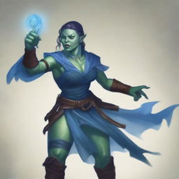 A half-orc woman, a rogue and mystical trickster, holding a rapier in one hand and conjuring a Mage Hand spell (translucent blue color) in the other