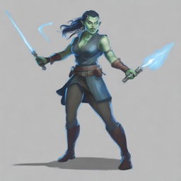 A half-orc woman, a rogue and mystical trickster, holding a rapier in one hand and conjuring a Mage Hand spell (translucent blue color) in the other