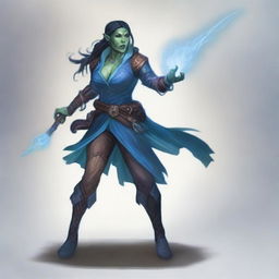 A half-orc woman, a rogue and mystical trickster, holding a rapier in one hand and conjuring a Mage Hand spell (translucent blue color) in the other