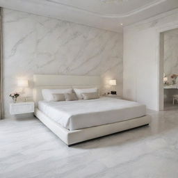 A parental bedroom featuring a large bed, walls painted in pure white, and a floor exquisitely designed with Lamborghini marble.