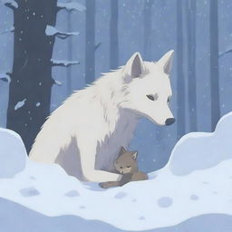 A touching scene of a baby wolf trying to wake up its lifeless mother, who is covered in snow