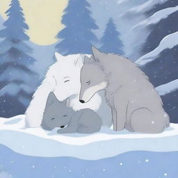 A touching scene of a baby wolf trying to wake up its lifeless mother, who is covered in snow