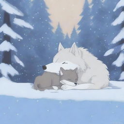 A touching scene of a baby wolf trying to wake up its lifeless mother, who is covered in snow