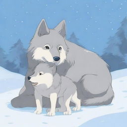 A baby wolf crying next to its dead mother in the snow, with no humans present