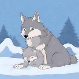 A baby wolf crying next to its dead mother in the snow, with no humans present